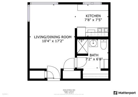 Floor plan for studio, 1 bath, 300 sqft